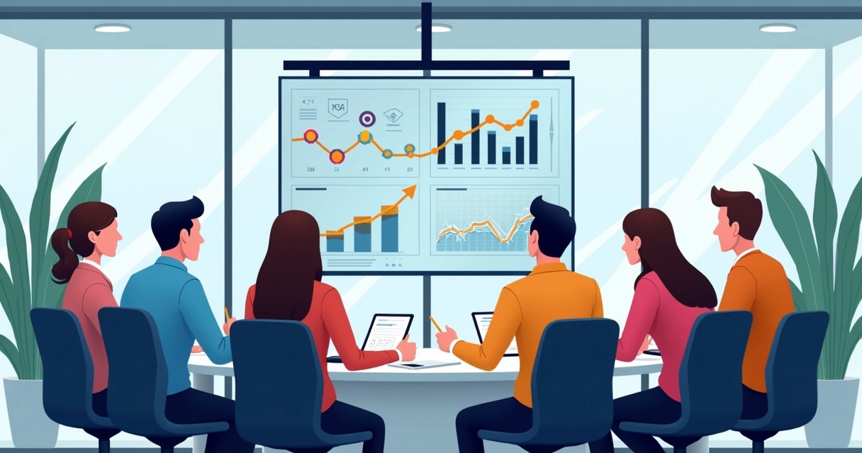 Reunião de equipe avaliando resultados em tela grande