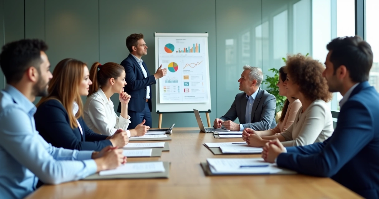 Equipe em reunião comparando dados e interação humana 