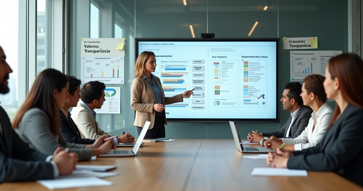 Liderança avaliando ética organizacional em reunião de equipe 