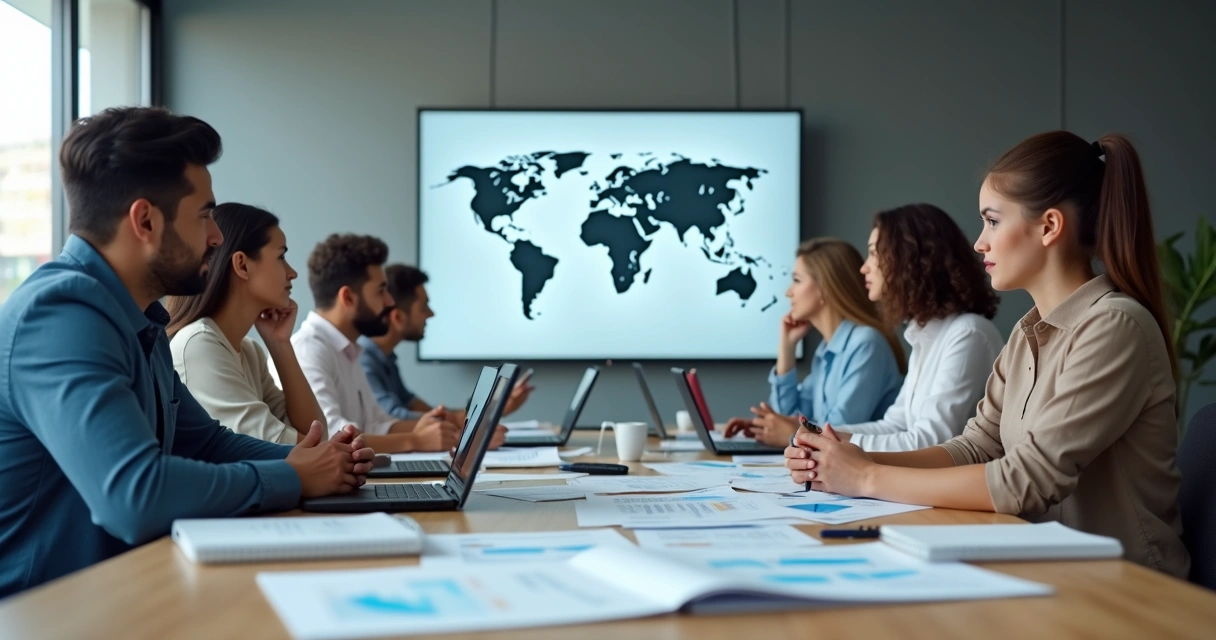 Equipe em reunião analisando gráficos e perfis diversos