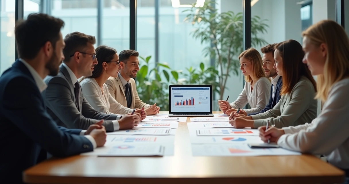 Equipe em reunião com gráficos e interação humana