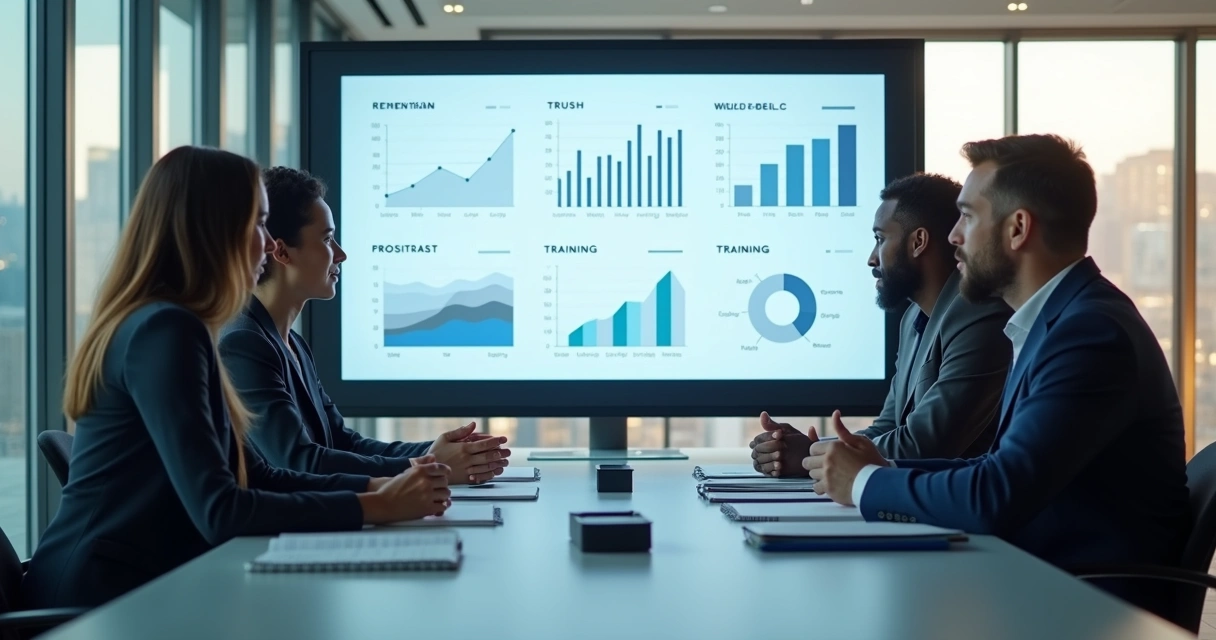 Equipe em reunião com indicadores humanos e financeiros na tela