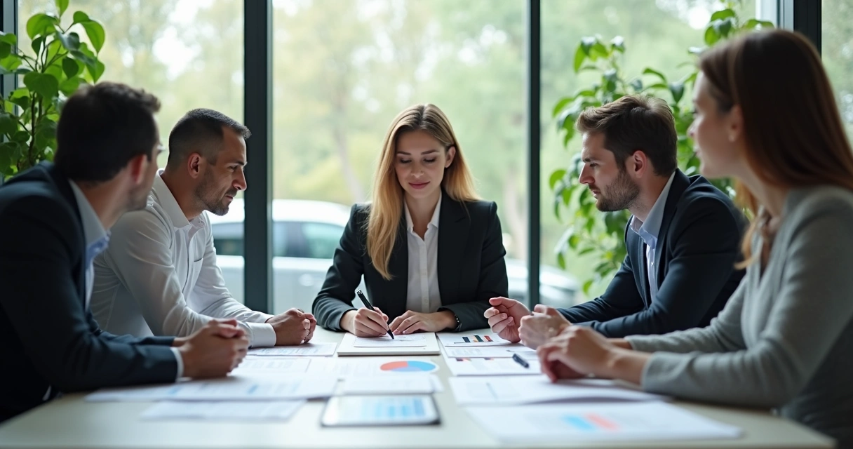 Equipe em reunião avaliando relatórios ao redor de mesa, clima de calma e concentração, líder ao centro com expressão serena 