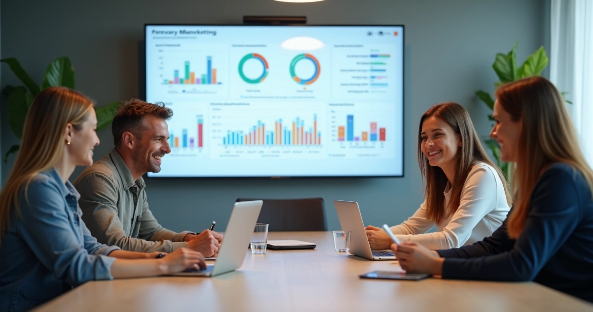 Equipe de agência de marketing em reunião avaliando metas e indicadores na tela 