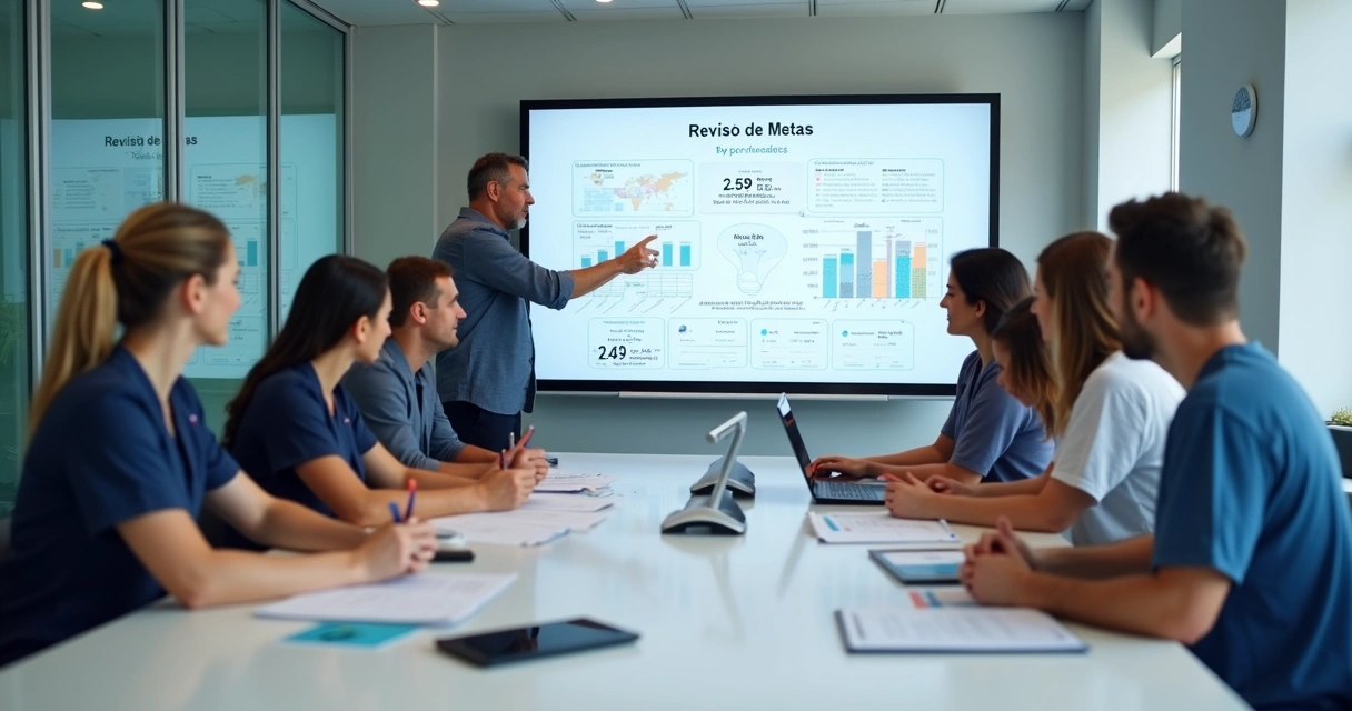 Reunião de avaliação de metas trimestrais em clínica odontológica