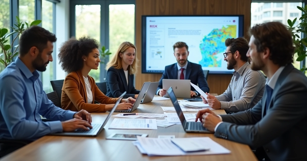 Equipe analisando riscos de trabalho em escritório moderno