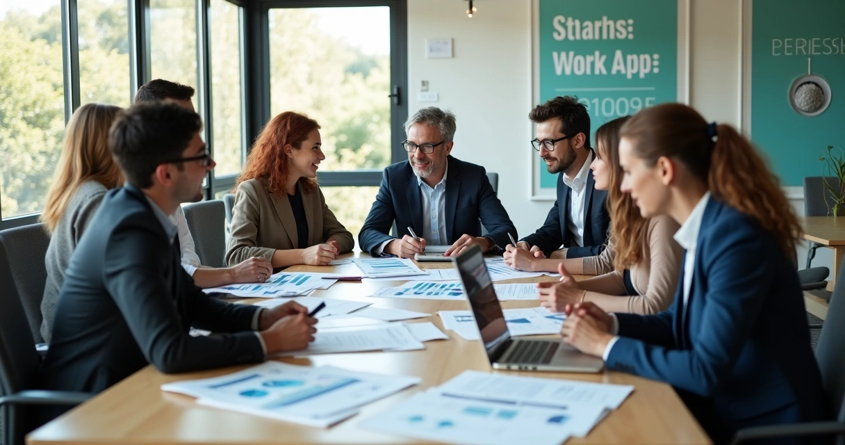 Equipe em reunião avaliando saúde mental no local de trabalho 