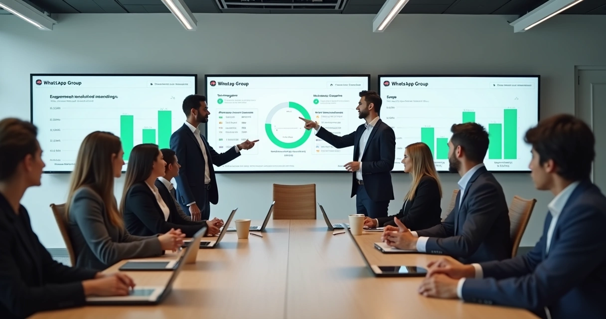 Equipe em reunião analisando dados de grupos WhatsApp em telas 