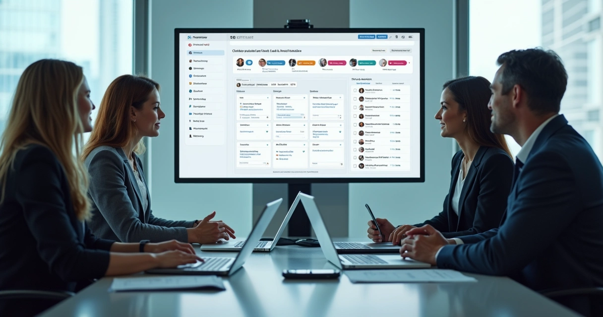 Equipe comercial analisando dados de conversas com chatbot em reunião 