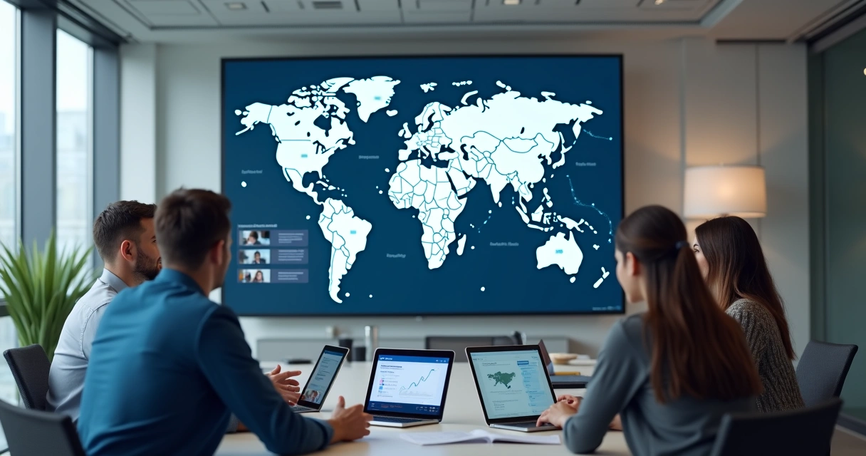 Reunião virtual entre equipes comerciais de países diferentes 