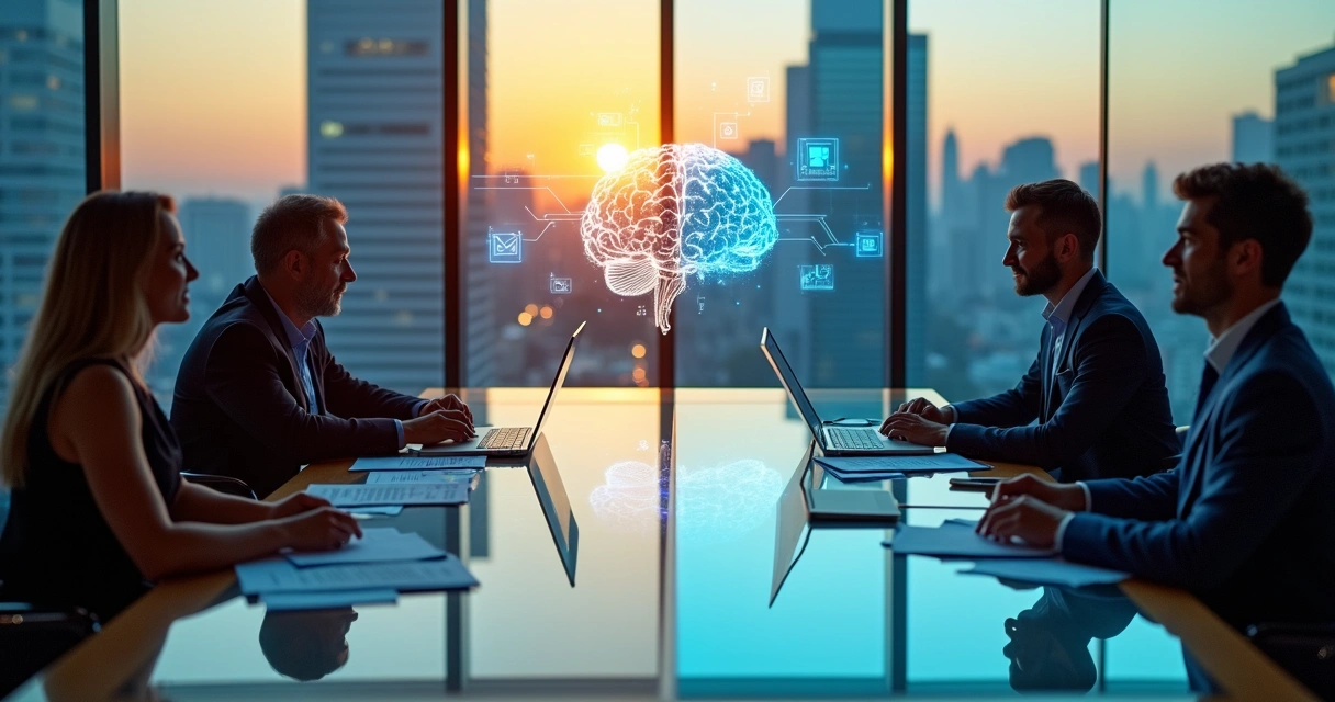 Equipe B2B reunida ao redor de mesa meia física meia digital com inteligência artificial apoiando decisões de vendas 