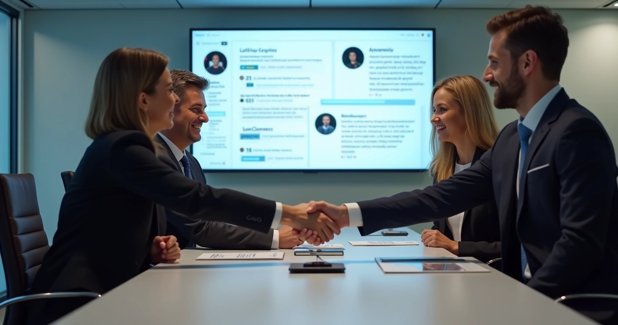 Profissionais em reunião B2B inspirada por LinkedIn, com tela ao fundo 