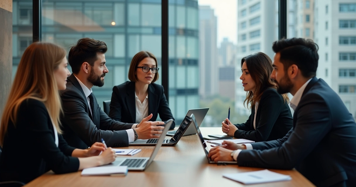 Profissionais de negócios em reunião B2B ao redor de uma mesa 