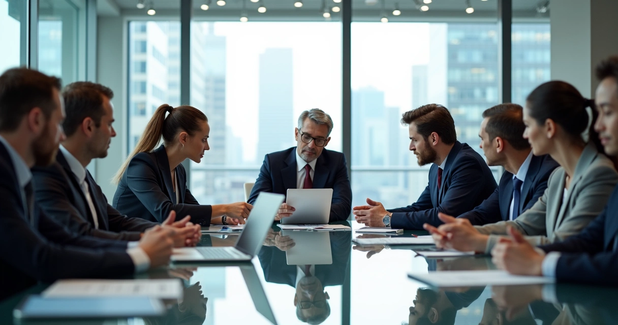 Reunião de negócios B2B com profissionais em escritório moderno discutindo estratégias comerciais 