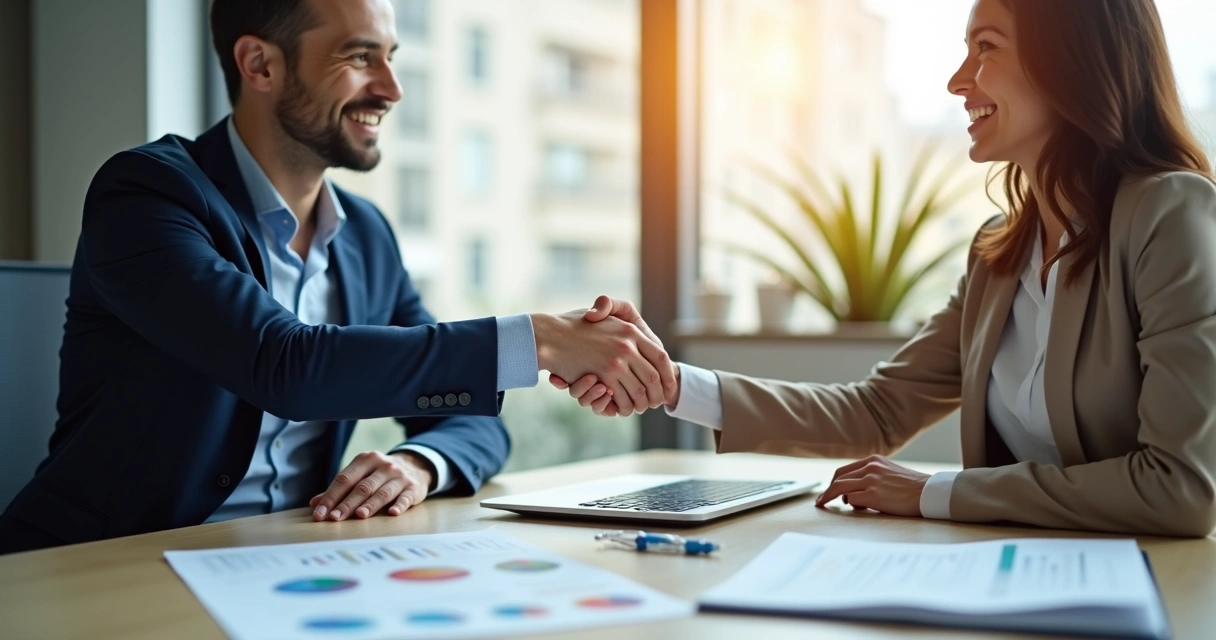 Dois gestores de vendas cumprimentando-se com um aperto de mão em uma sala de reuniões ensolarada 