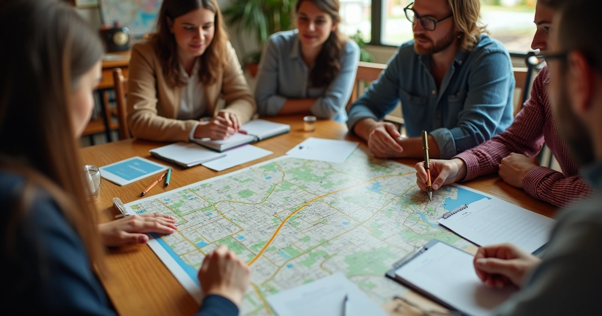 Pequenos empresários reunidos em sala discutindo estratégias locais 
