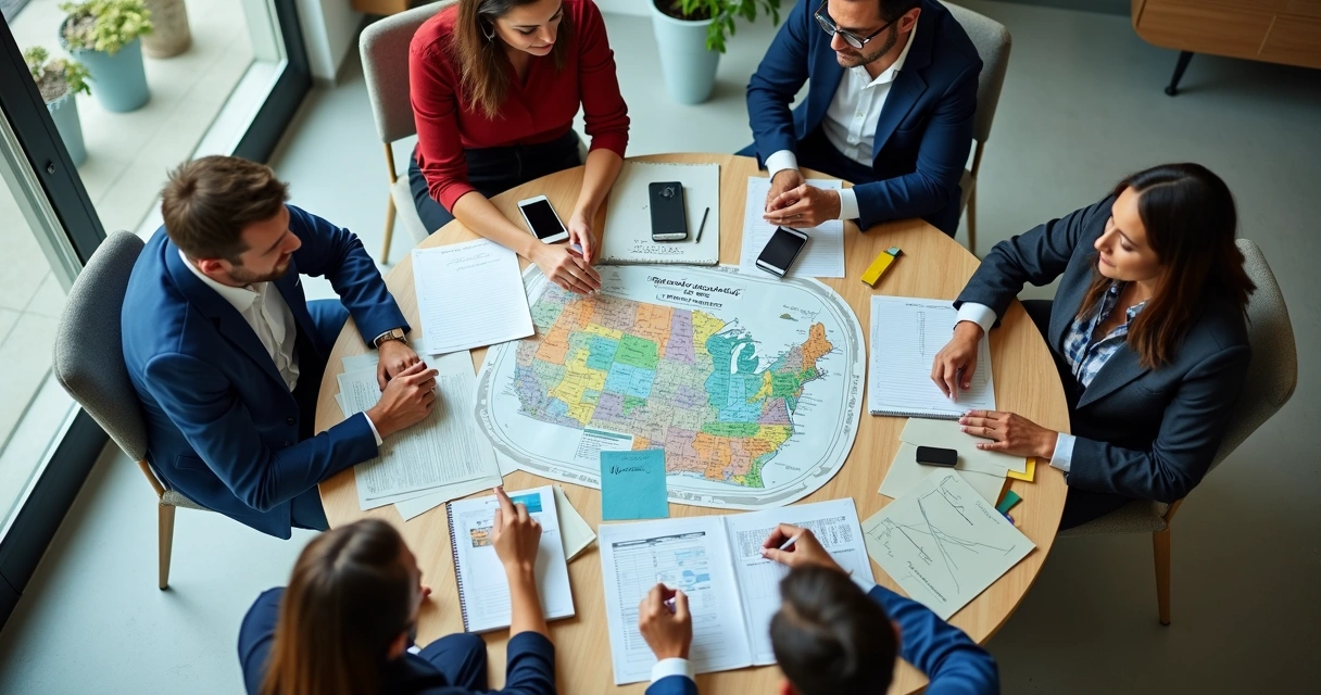 Equipe política reunida com mapa e contatos de eleitores 