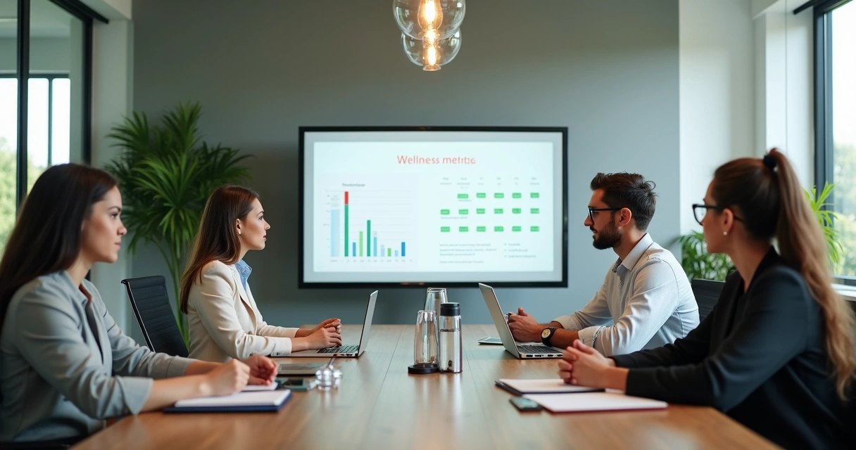 Equipe em reunião sobre bem-estar corporativo 
