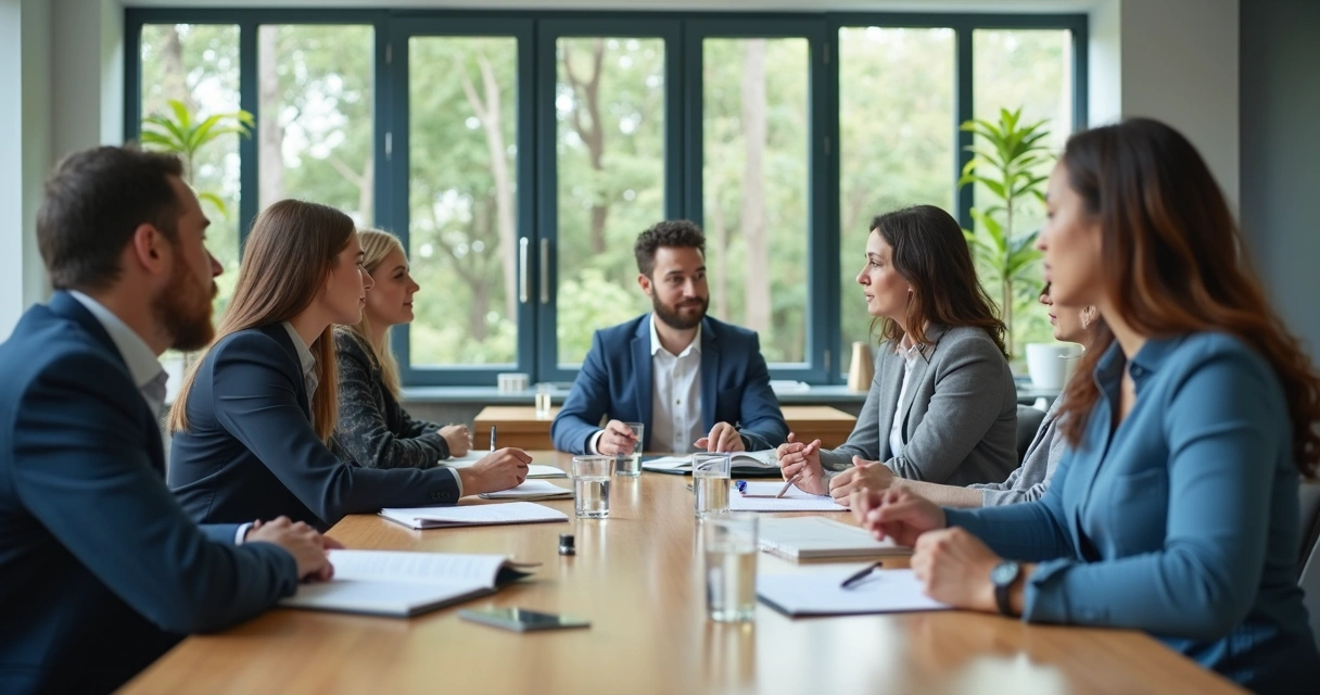 Equipe em reunião observando sinais de bem-estar no trabalho