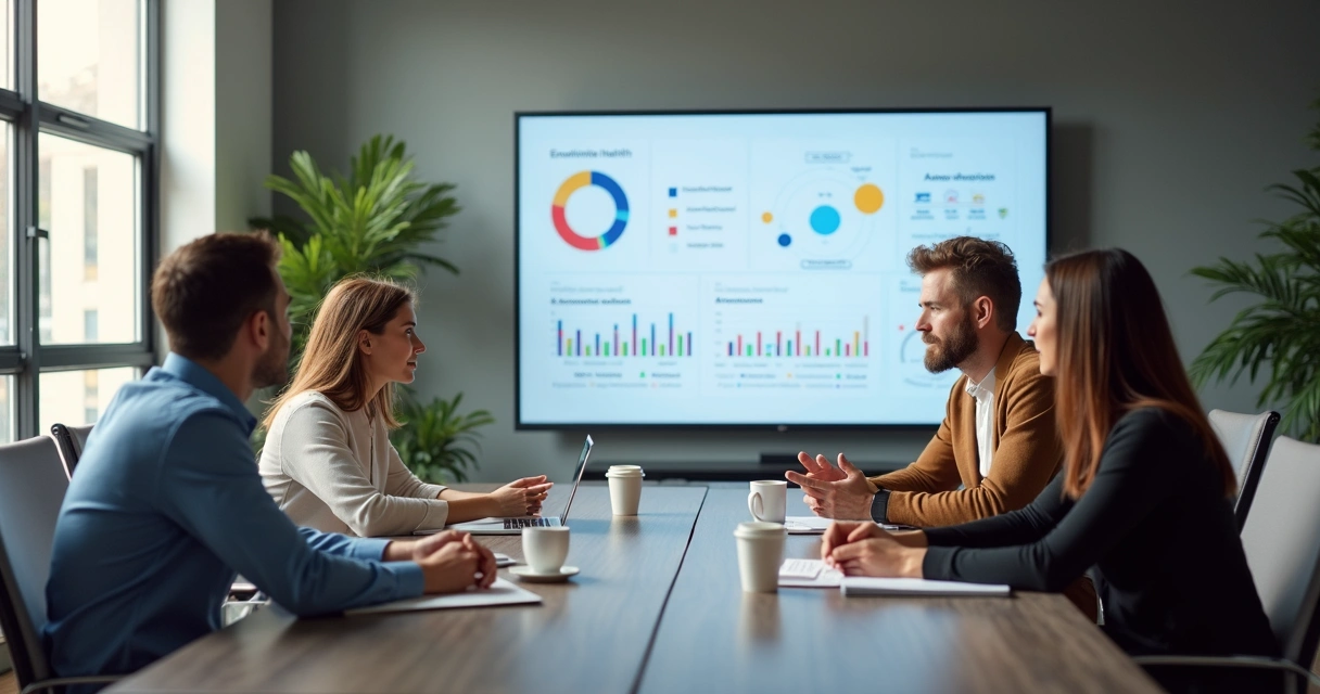 Equipe em reunião analisando dados de bem-estar no escritório