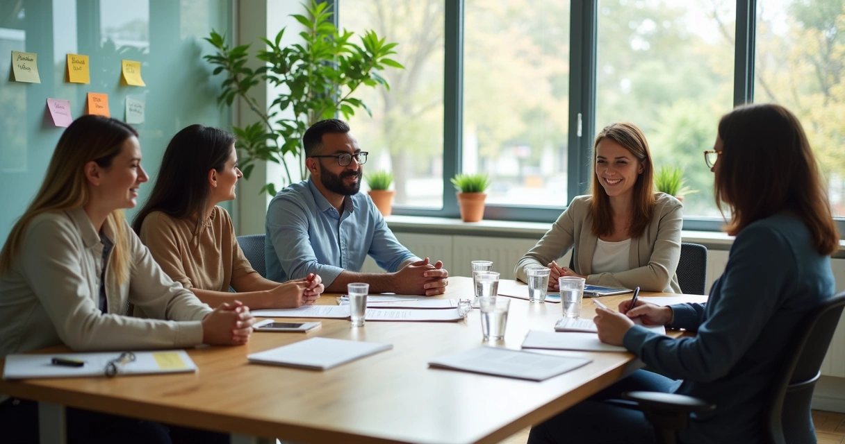 Equipe em reunião com ambiente de trabalho acolhedor