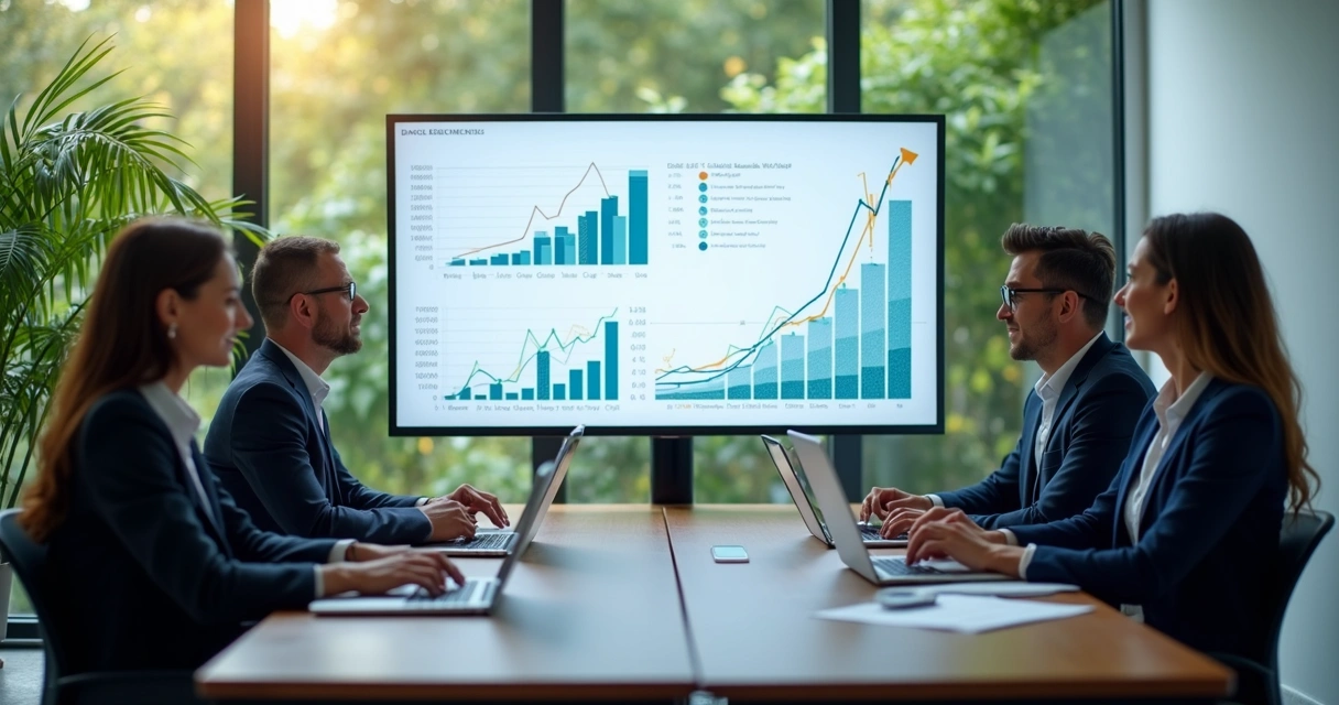 Executivos reunidos analisando dados de benchmarking em uma mesa de reunião 