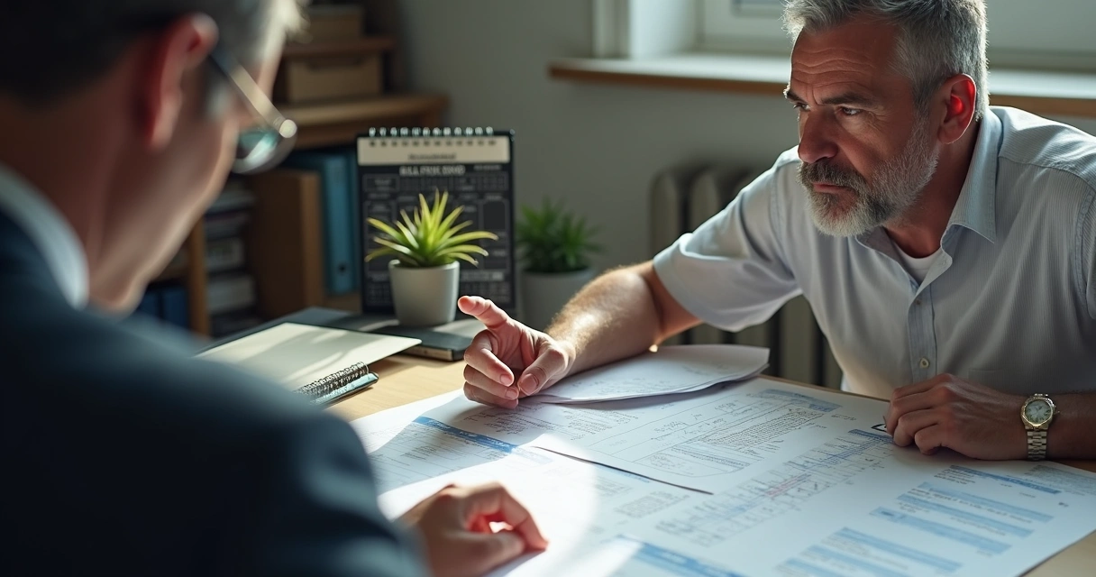Pessoa apresentando documentos para análise em mesa de escritório. 