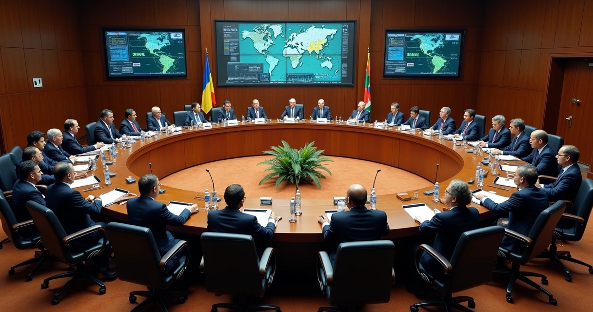 Líderes de países latino-americanos sentados à mesa de negociação 