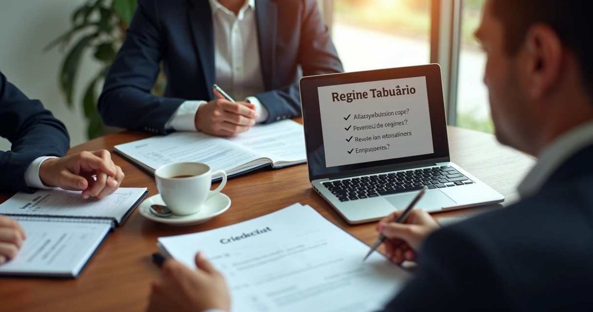 Reunião de BPO e cliente avaliando regime tributário 