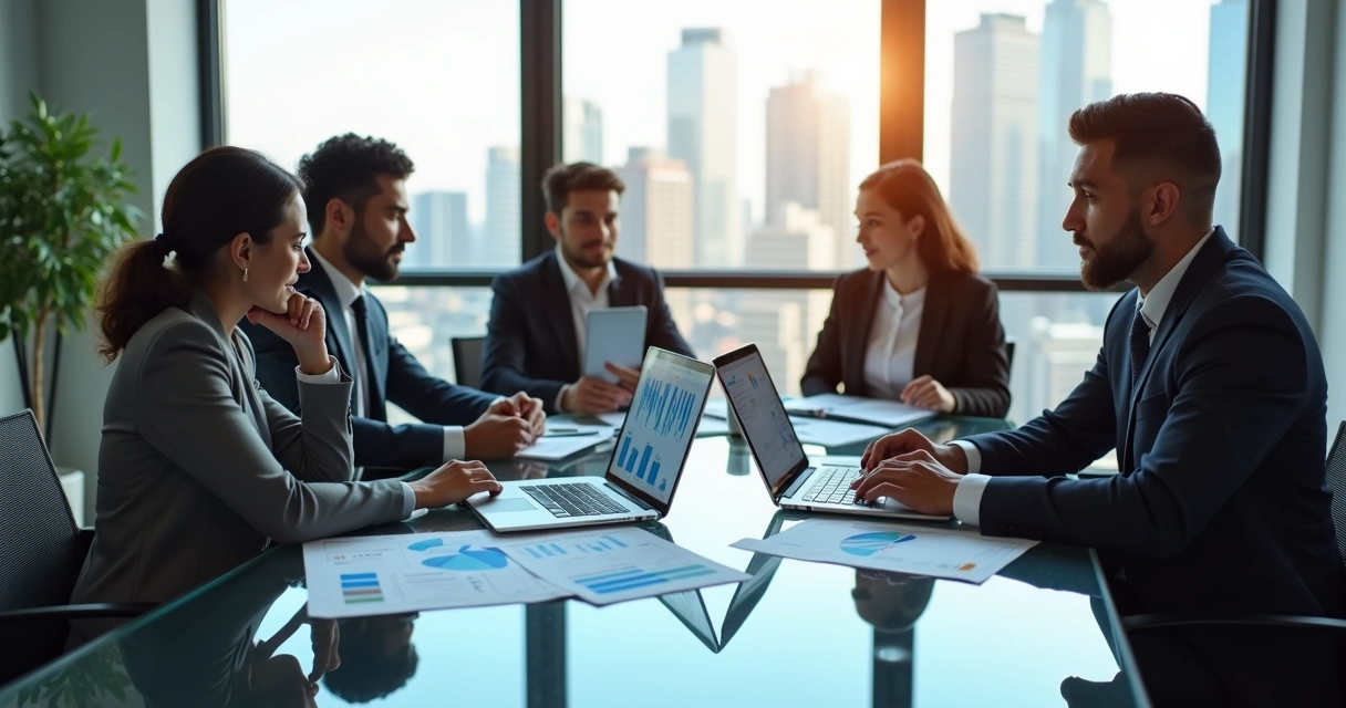 Reunião de profissionais discutindo soluções financeiras. 