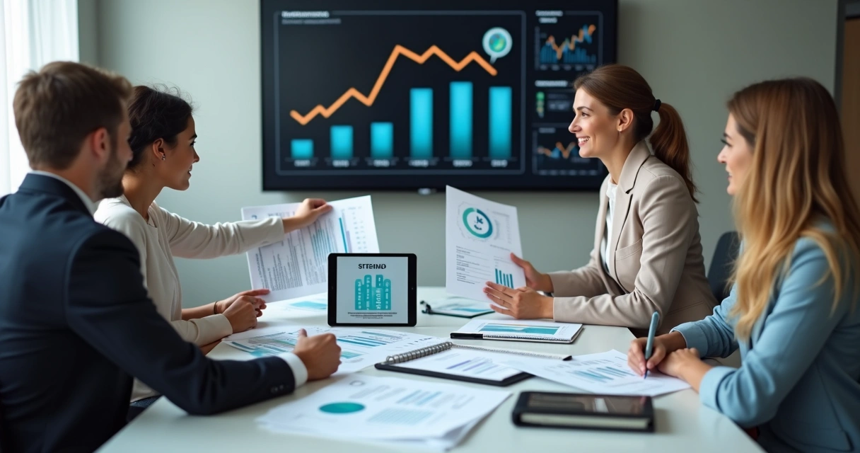 Reunião entre equipe financeira e contábil analisando relatórios em ambiente corporativo 