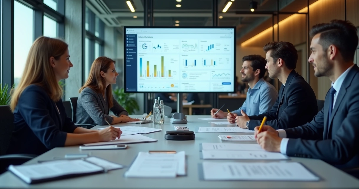 Reunião de time jurídico revisando contratos impressos e na tela 