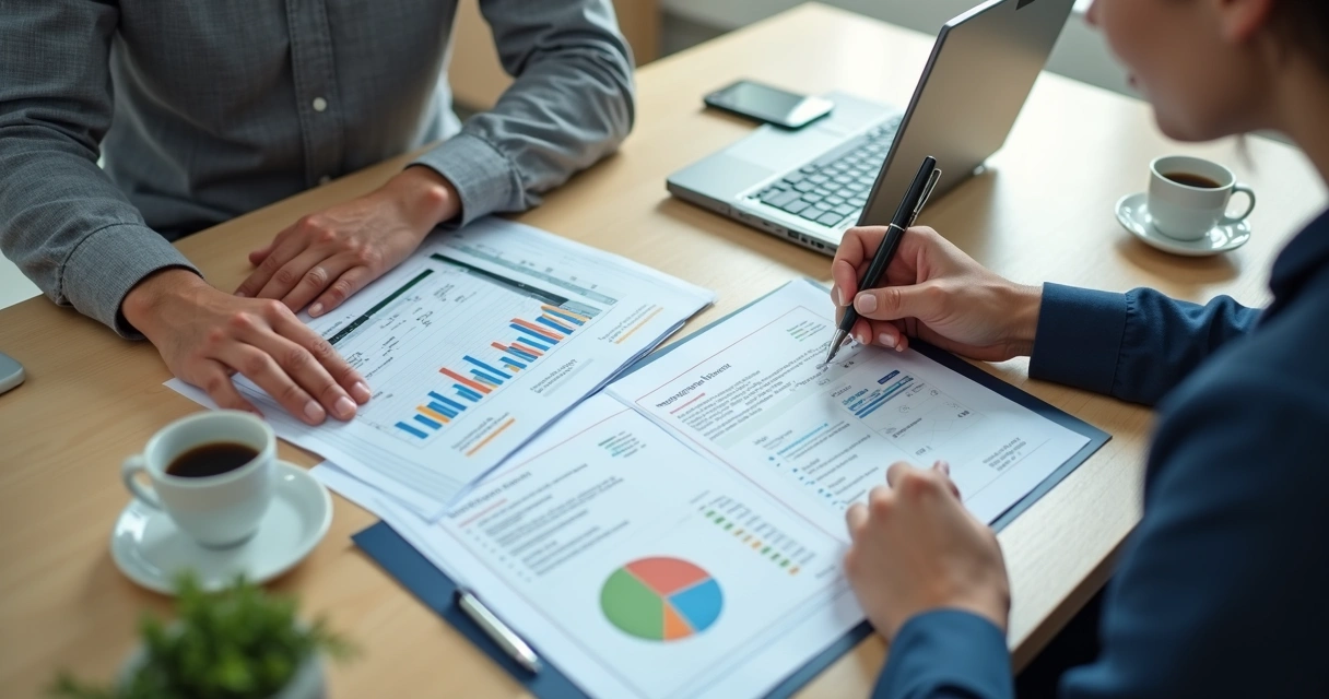 Reunião de implantação de BPO financeiro com relatórios e notebook 