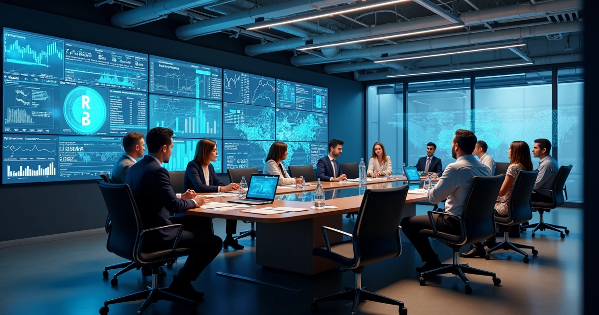 Profissionais em reunião analisando dados financeiros em telas grandes 