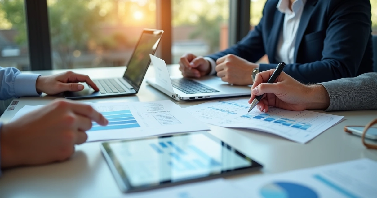 Reunião entre gestor e consultor financeiro com relatórios sobre a mesa 