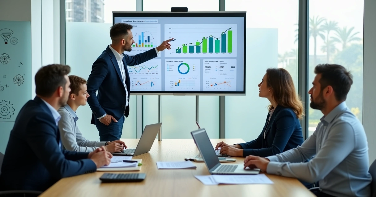 Profissional de BPO financeiro apresentando relatório financeiro em reunião de vendas com empresário 