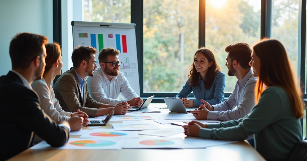 Equipe de vendas em reunião estratégica com clientes de segmentos diferentes 