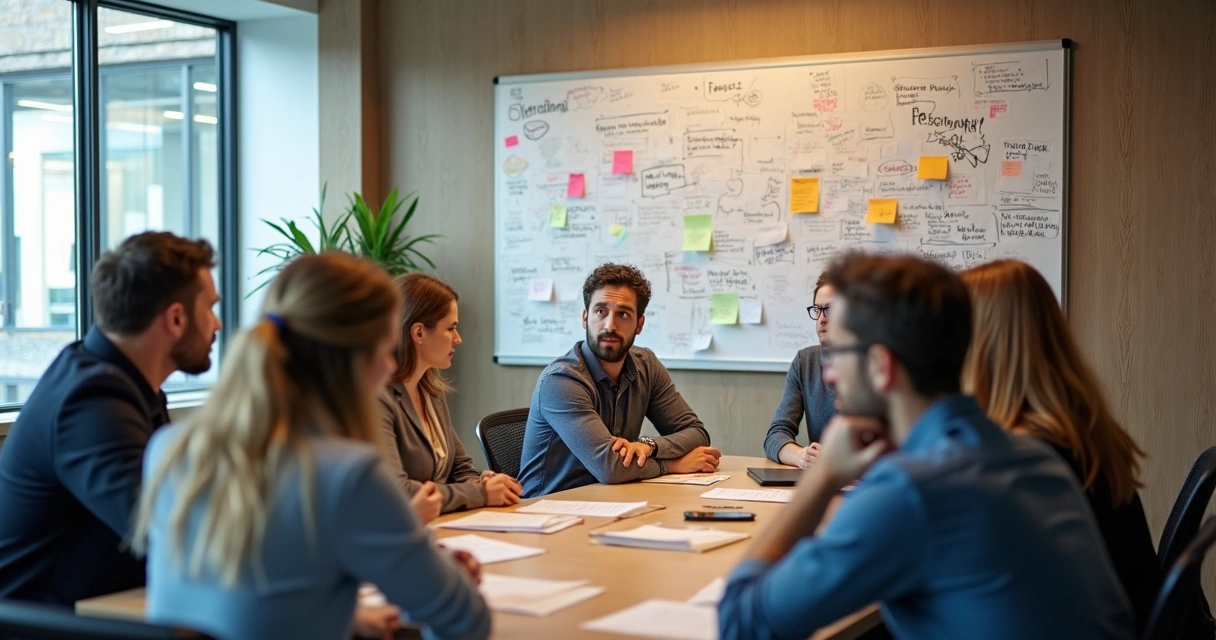 Equipe de PME em reunião de brainstorming num escritório moderno, post-its coloridos na parede, pessoas pensativas analisando ideias 