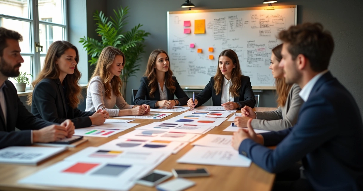 Equipe durante reunião de estratégias de branding 