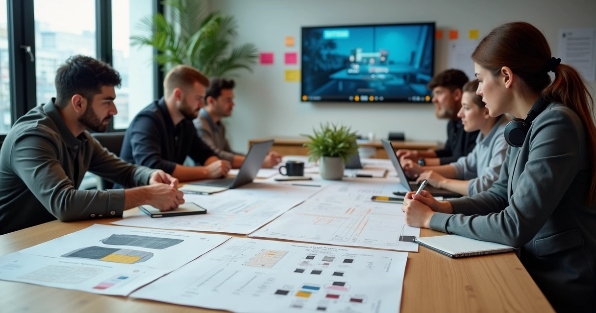 Equipe criativa em reunião planejando briefing audiovisual com storyboard na mesa 