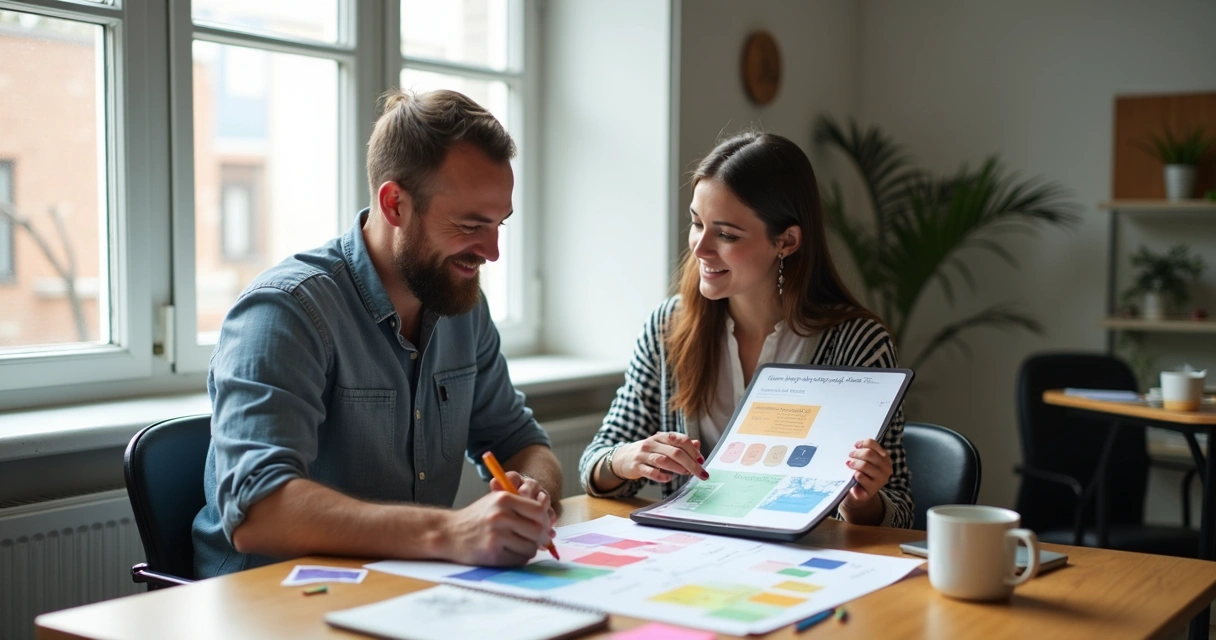 Empresário e designer analisam moodboard na mesa 