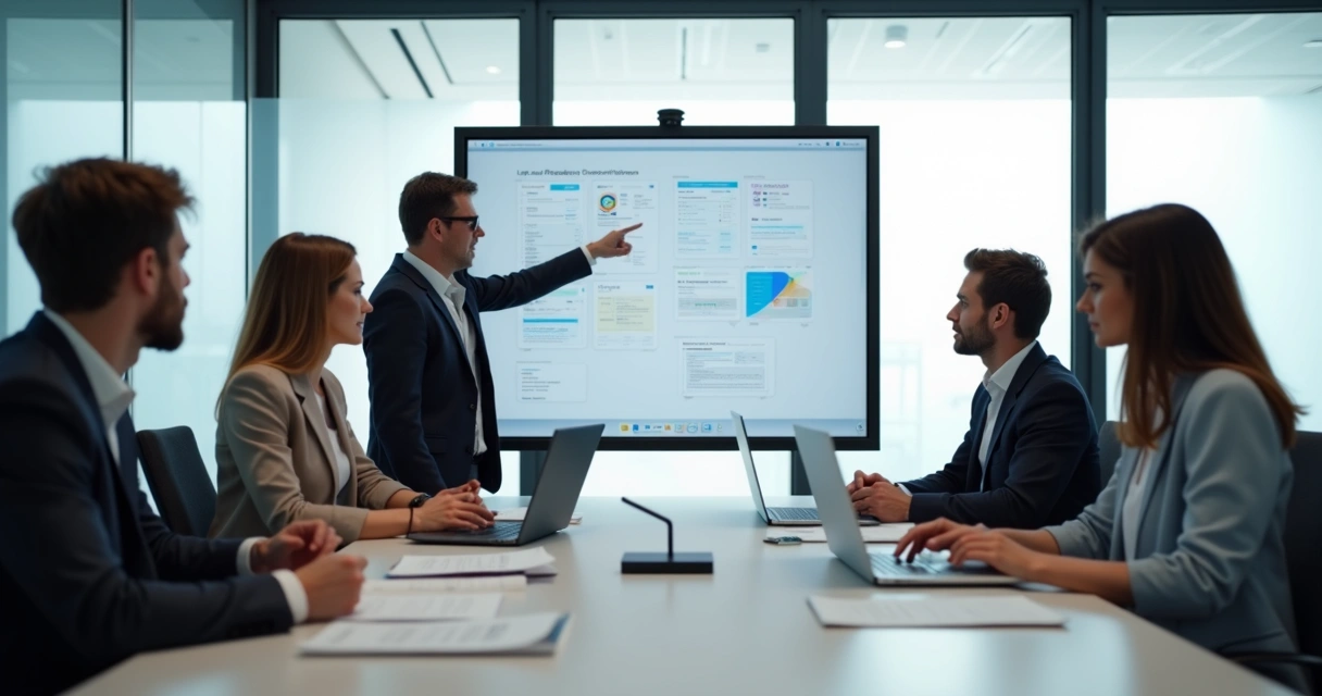 Equipe reunida analisando briefing digital 