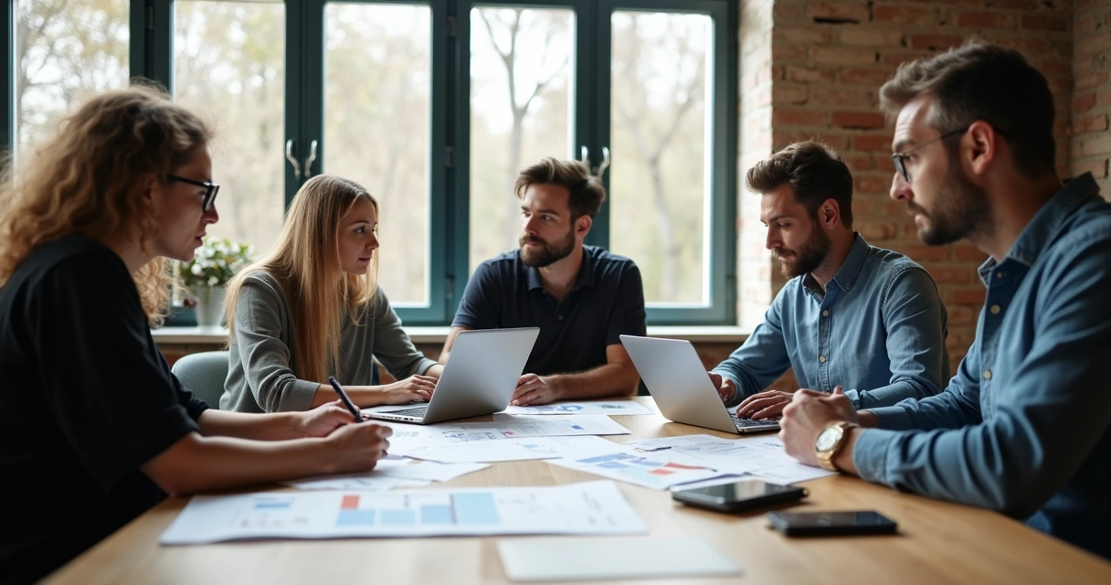 Equipe de produção audiovisual reunida em mesa discutindo briefing 