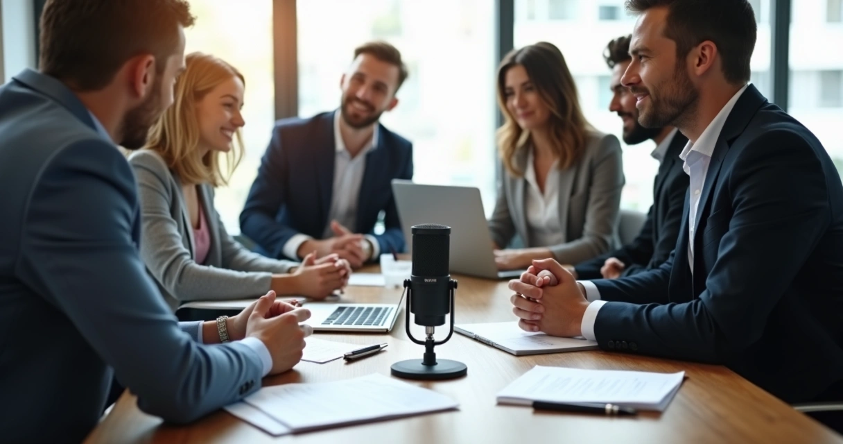 Reunião de briefing entre equipe de produção de podcast e cliente corporativo 