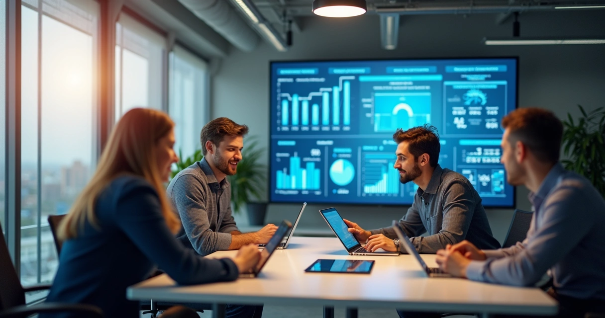 Equipe de TI em reunião analisando gráficos em tablets e painéis 