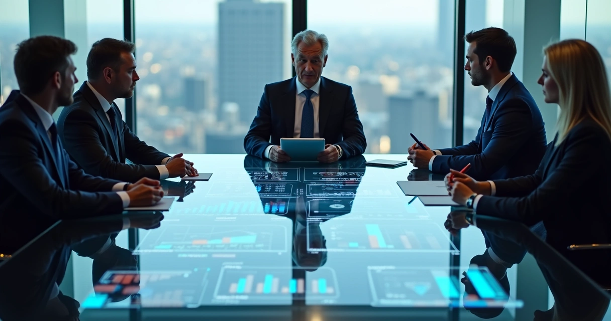 Reunião executiva formal com CEO e diretores em sala de vidro, com gráficos na mesa 