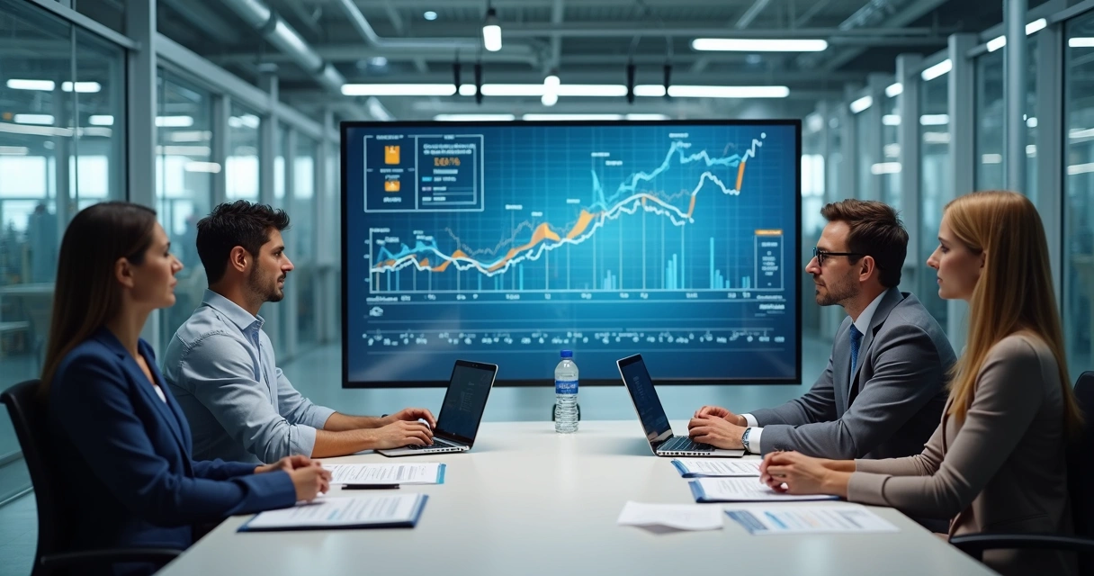 Equipe industrial analisando pedidos, estoques e entregas em reunião