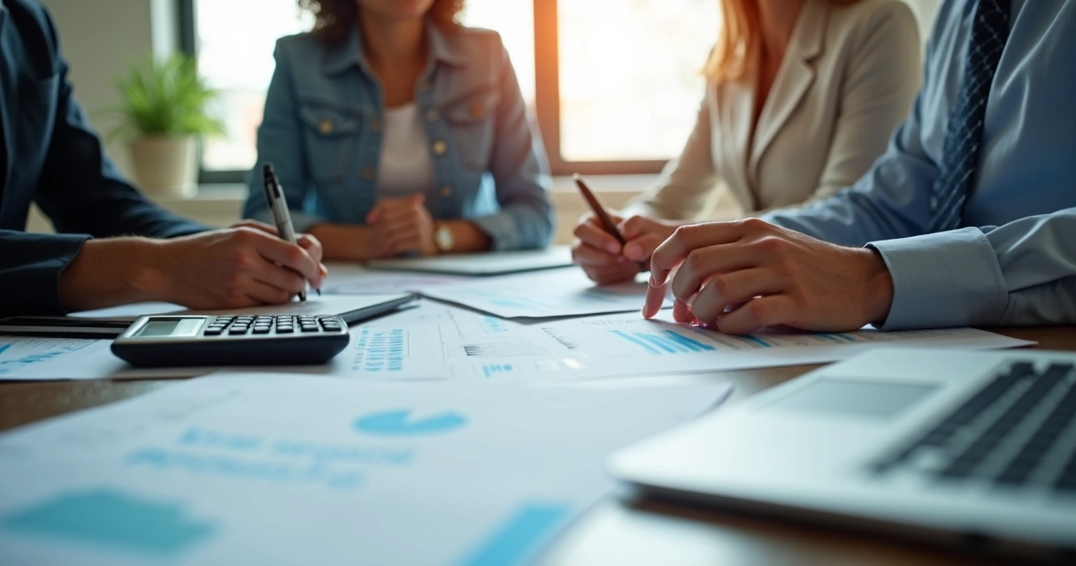Equipe em reunião analisando planilhas de custos de projeto digital
