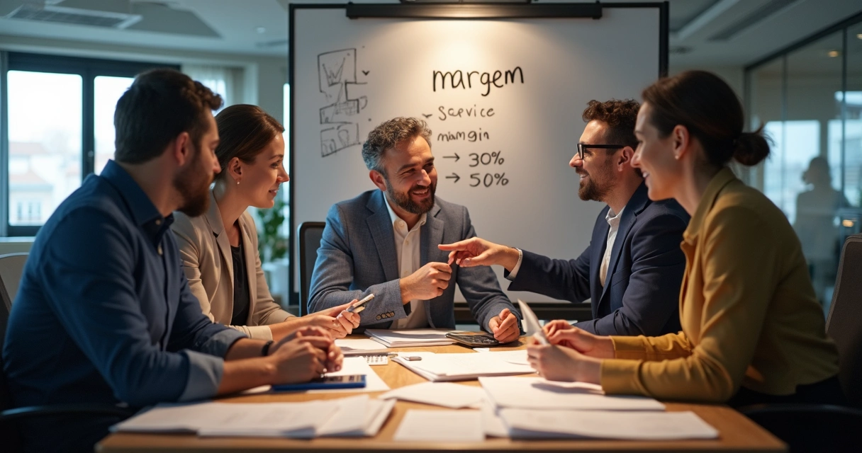 Gerente financeiro analisando a margem de serviço em reunião com equipe