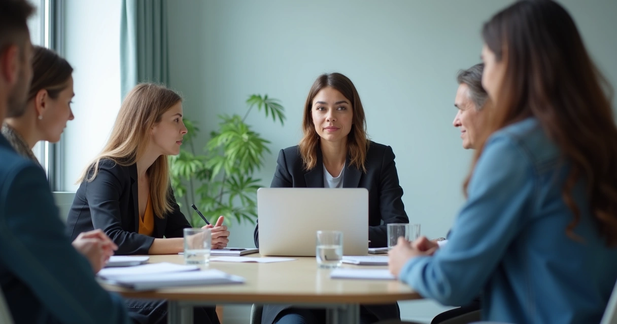 Equipe em reunião com clima calmo e atento